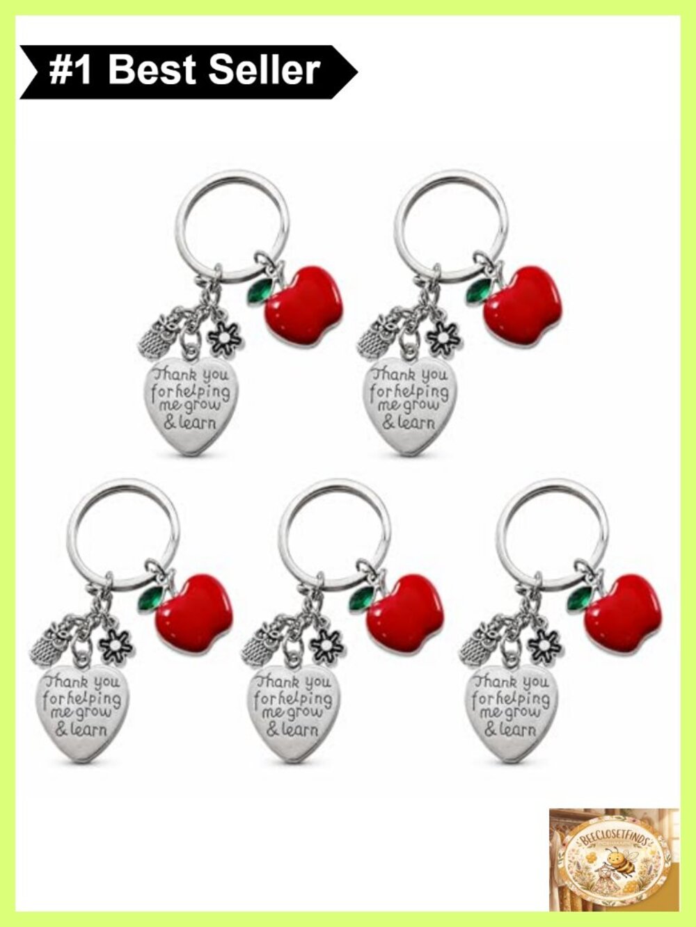 5 Pc Apple Heart Keychain Set Alloy Teacher Appreciation Gift